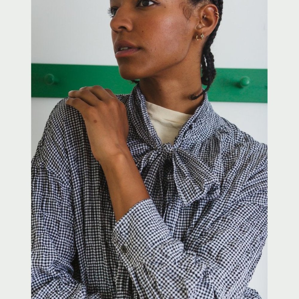 Caron Callahan Black and White Gingham Tie-Neck Shirt